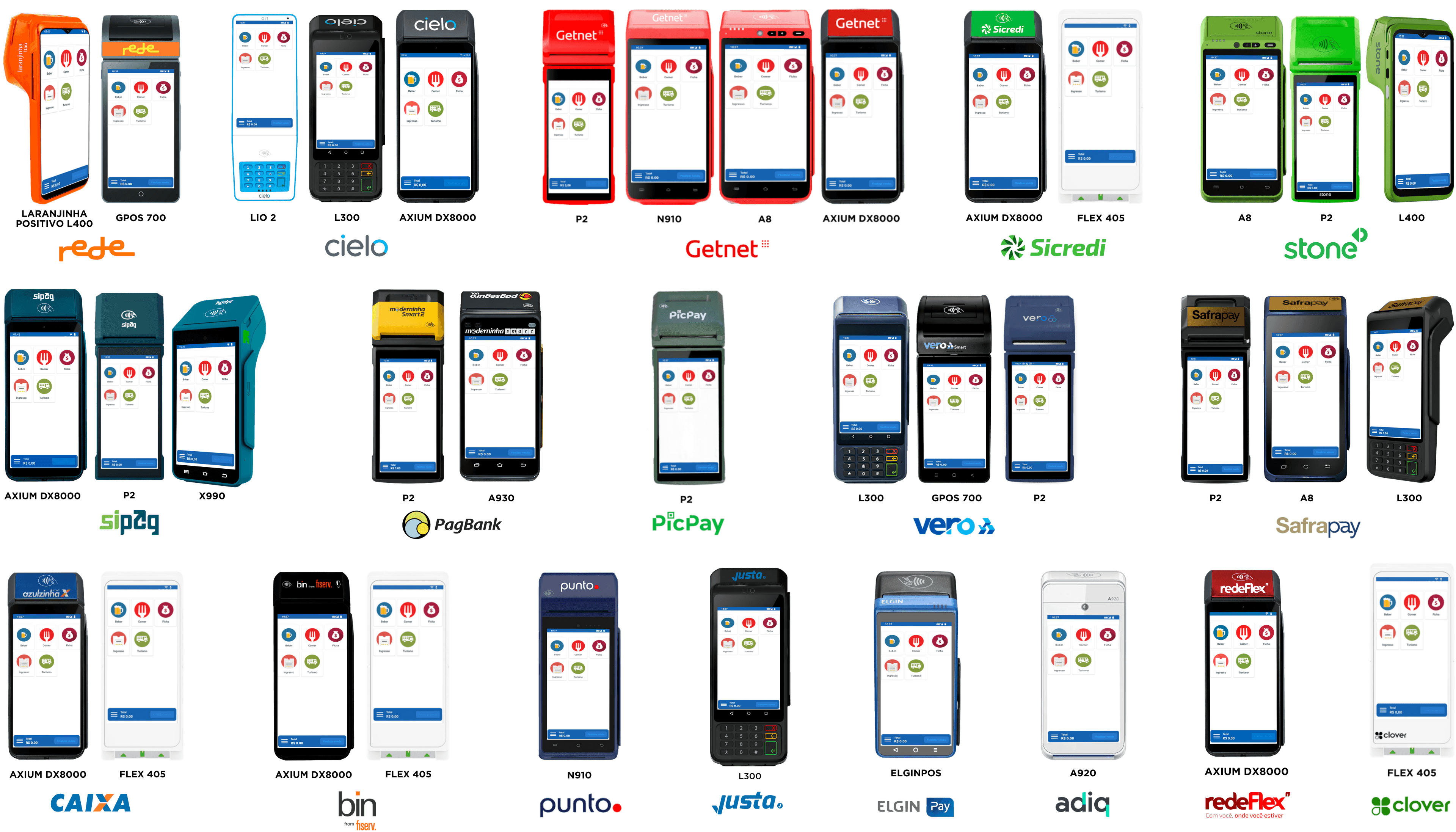 Coleção de dezesseis terminais de pagamento com cartão de diferentes marcas, com interfaces de transação em suas telas